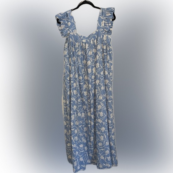 A New Day Blue & White Floral Linen Blend Paper Sack Maxi Dress w/ ruffles; L - Picture 2 of 14
